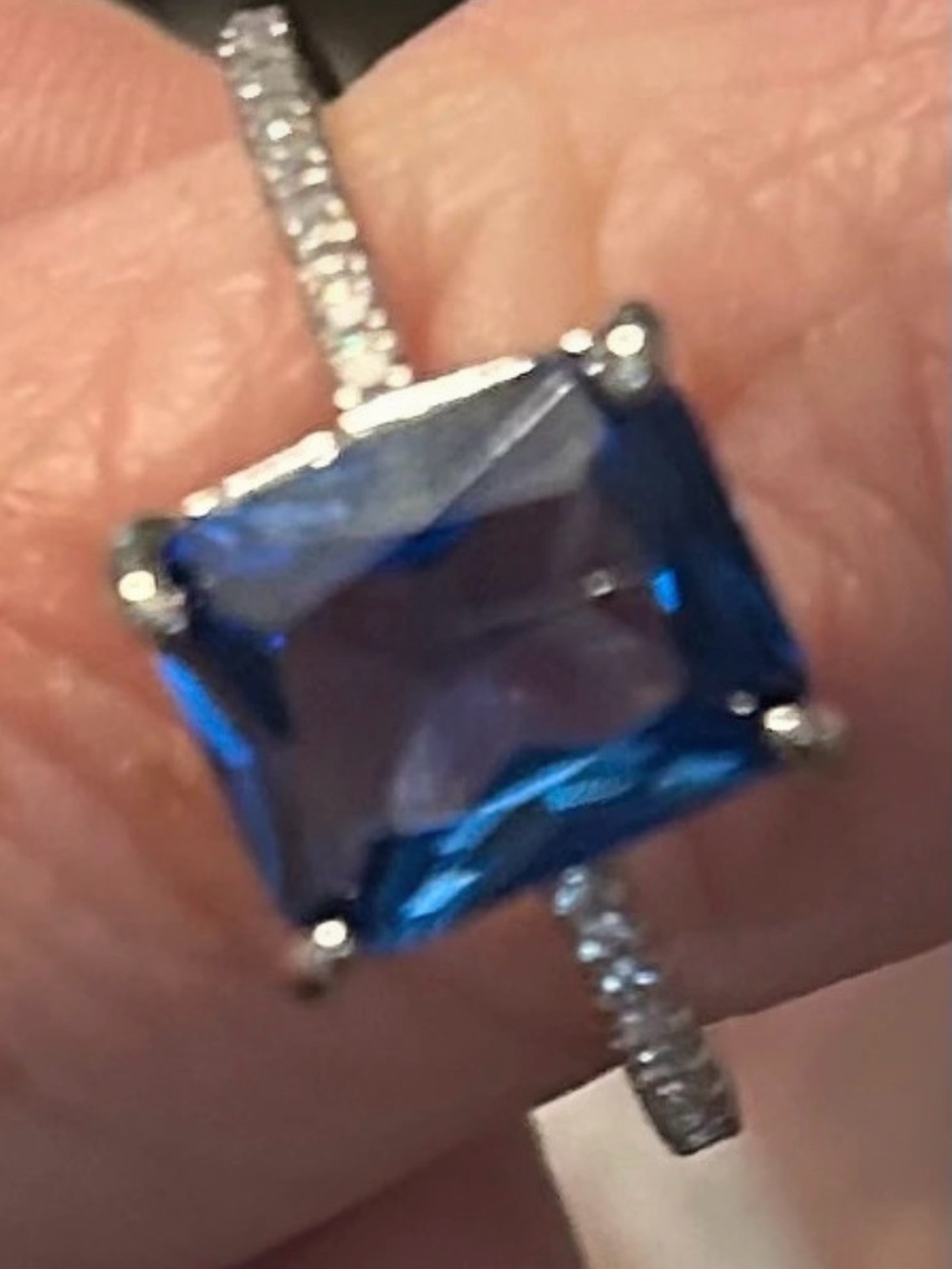 Blue Square-Cut Gemstone Ring with Pavé Band